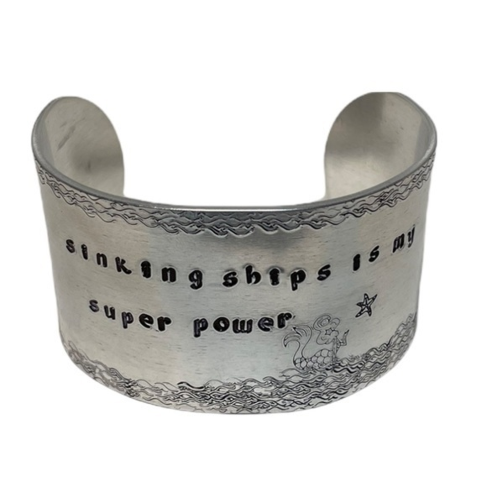 Handmade stamped mermaid “sinking ships” silver adjustable cuff bracelet‎
